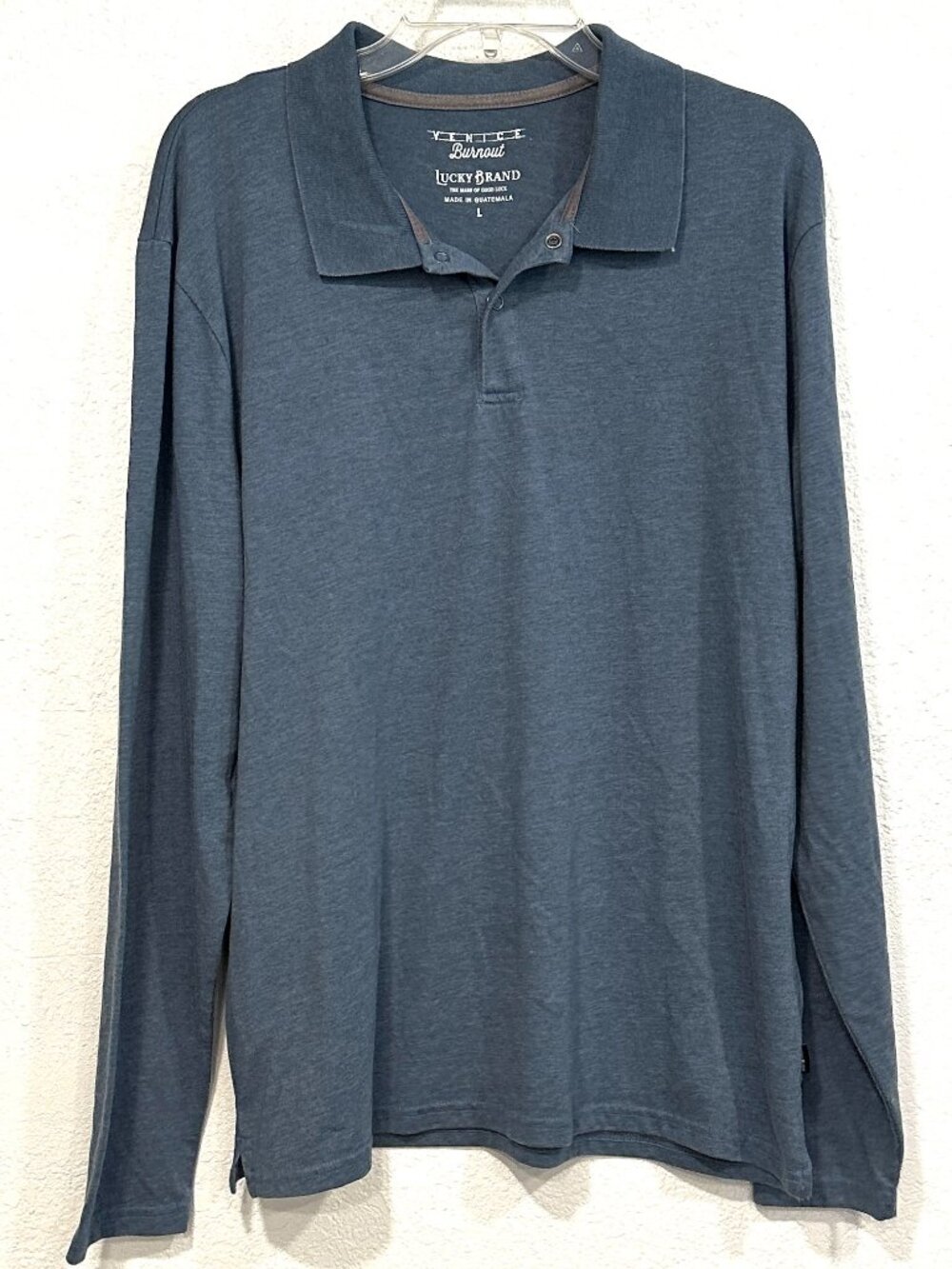 Lucky Brand Venice Burnout Polo Shirt Long Sleeves Slate Blue Mens Size Large